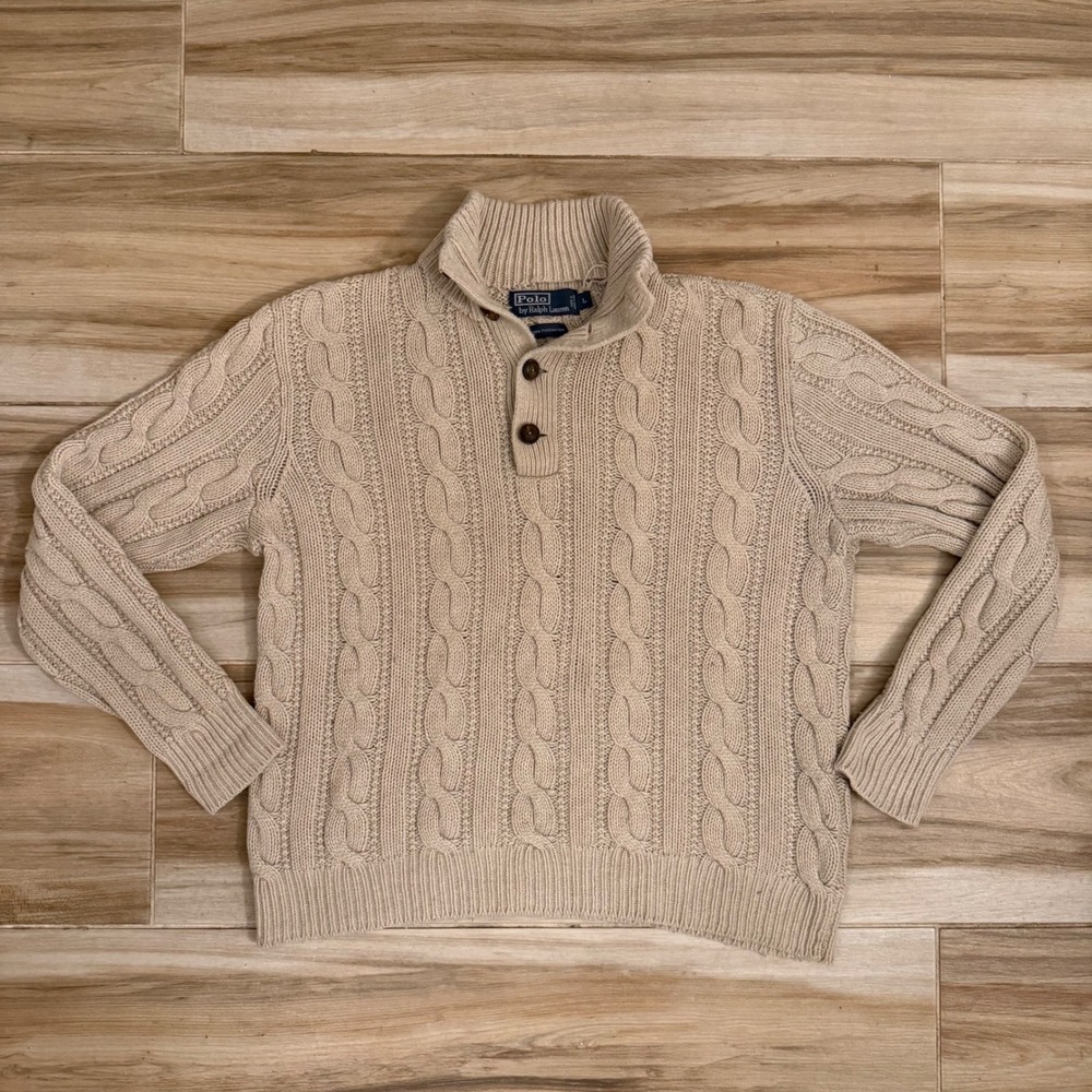 Vintage Polo Ralph Lauren Cable Knit Sweater Men L 100% Tussah Silk Button Mock